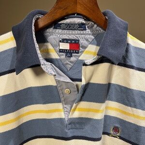 Vintage Tommy Hilfiger Men's Polo 90’s CollegiateShirt - Navy, Cream, and Yellow